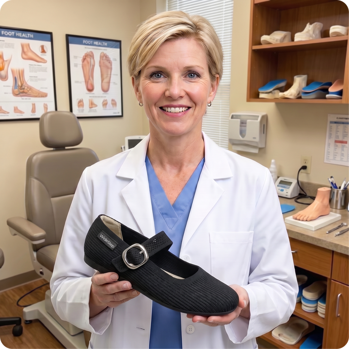 Podiatrist holding a WideStep shoe in a foot-health clinic