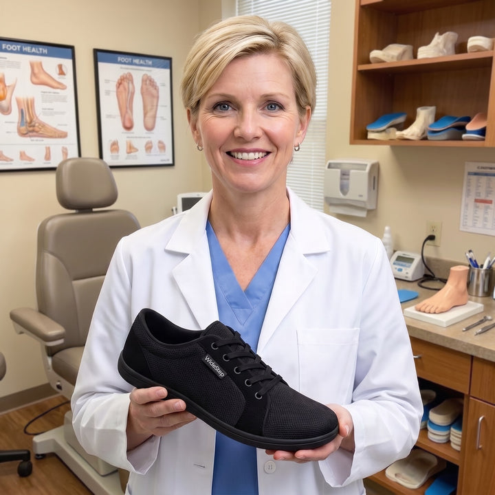 Podiatrist holding a WideStep shoe in a foot-health clinic